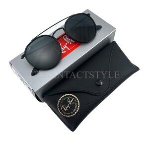 NEW Ray-Ban 3647N 002/R5 Round Double Bridge Sunglasses Black Frame Green Lens